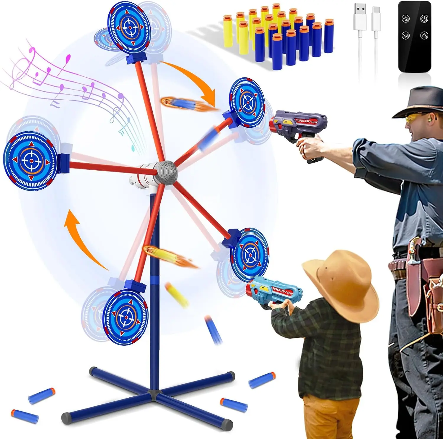 Juegos de Disparos con Cohetes, Juguetes con Objetivo Giratorio, 2 Pistolas de Juguete, 20 Dardos de Espuma para Jugar al Aire Libre