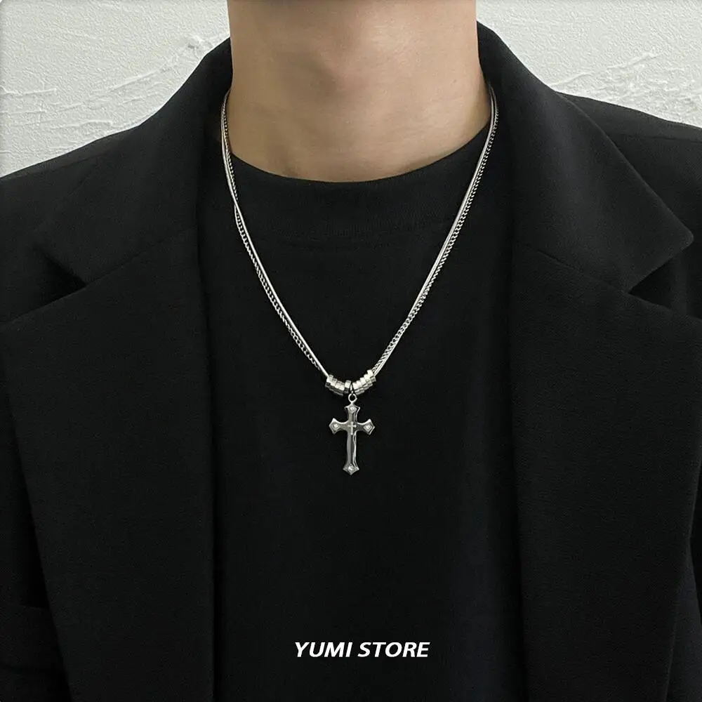 Titanium Steel Cross Double-layer Necklace For Man Woman Trend Sweater Chain Pendant Necklace Charm Jewelry Unisex Accessories