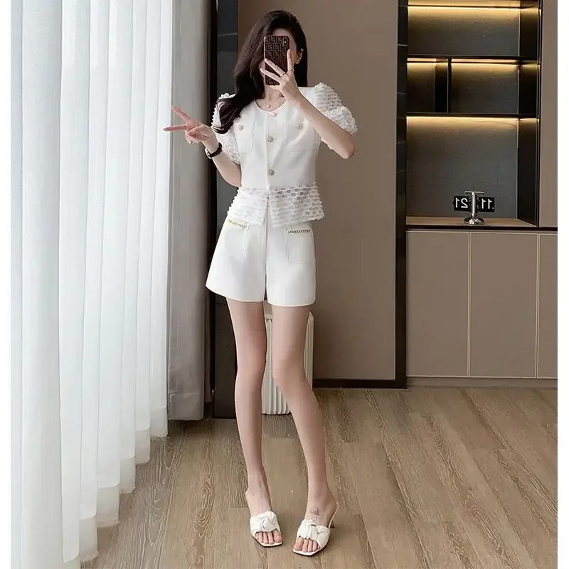 Clothes Womens Short Pants Set Summer Sleeve 2024 White Blazers and Shorts Suits for Women Trends New in Kit Features Matching