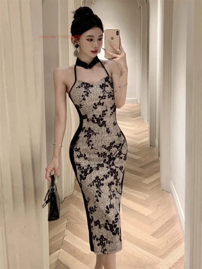 2025, chinesisches sexy Qipao, Vintage-Partykleid, Blumendruck, verbessertes Cheongsam, Nachtclub, Verbandkleid, figurbetontes Damen-Abendkleid