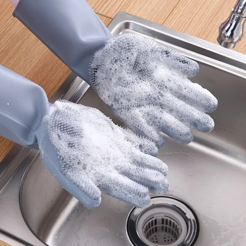 

Dishwashing Cleaning Gloves Magic Silicone Rubber Dish Washing Gloves for Household Sponge Scrubber Kitchen Cleaning Tools