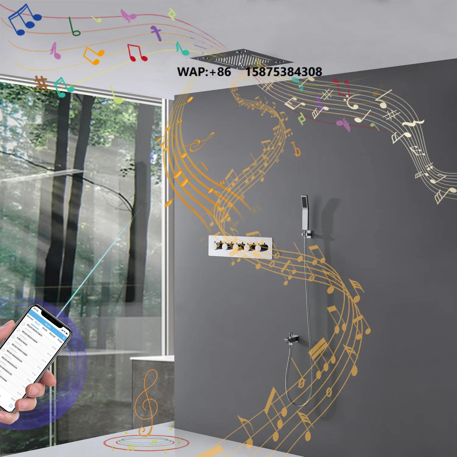New Design Music Shower Bathroom Shower Set Electric LED Colorful Rain Mist Waterfall Thermostatic Valve 16'' Polished