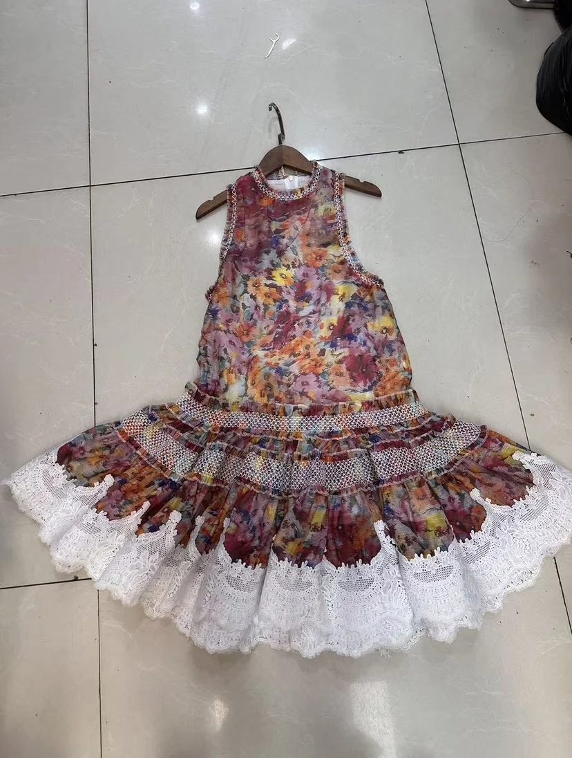 

Australian Retro Heavy Embroidery Print Slimming Waist Vest Dress Casual Style Natural Waist Summer Season Ladies Dress