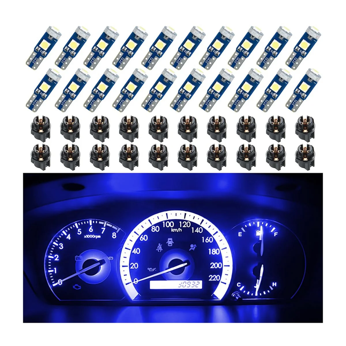 20Pcs T5 LED Lights for Car Dashboard Panel Gauge Indicator, 3030-3SMD Light Replacement with Twist Lock Socket - Blue