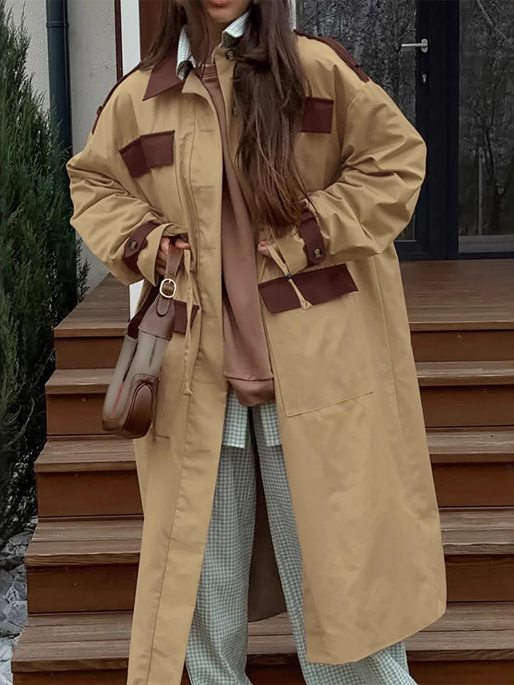 

Female Casual Khaki Patchwork Coat Full Sleeve Lapel Single-breasted Pocket Loose Outwear New Autumn Lady Daily Commute Coats