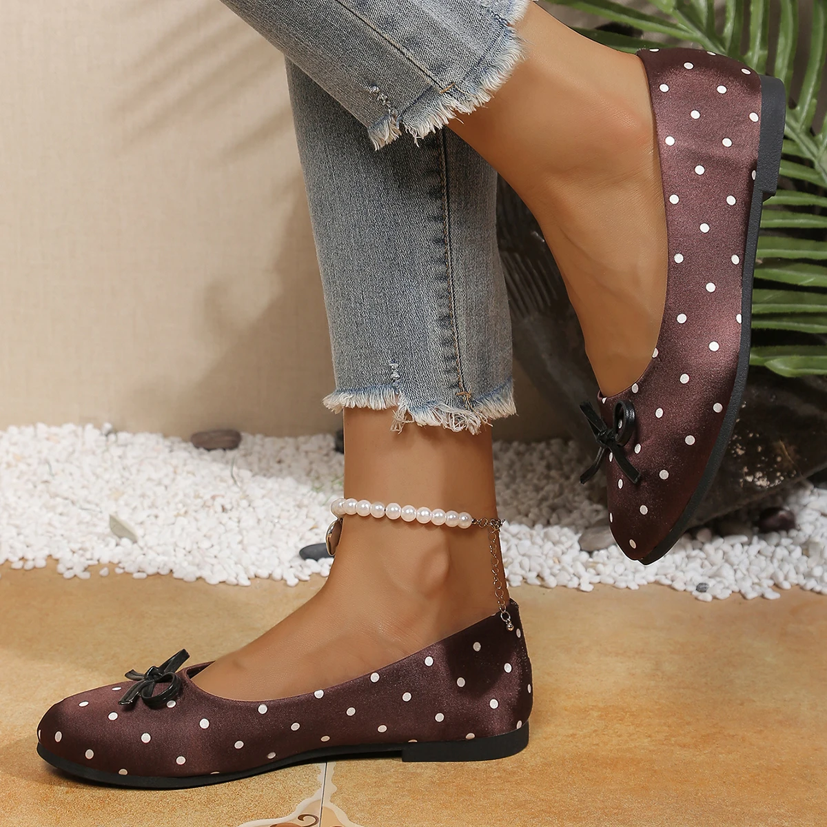 Damen-Ballerinas mit Polka-Dot-Muster und Schleife, runde Zehenpartie, Slip-On, lässige flache Schuhe – Detail 14