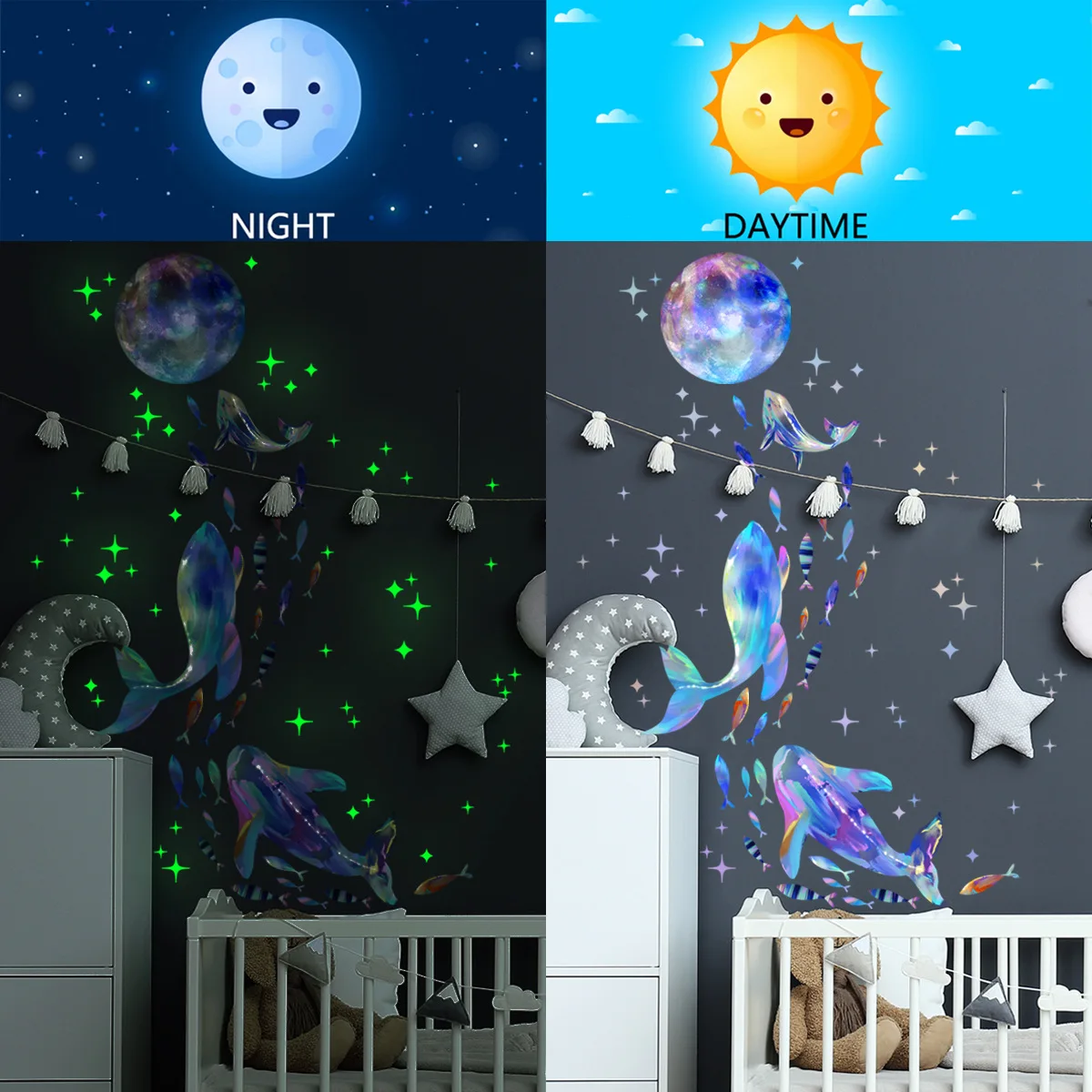 3pcs Colorful Star Whale Cartoon Wall Stickers Floor Stickers Living Room Bedroom Room Decorative Creative Mural Wall Stickers
