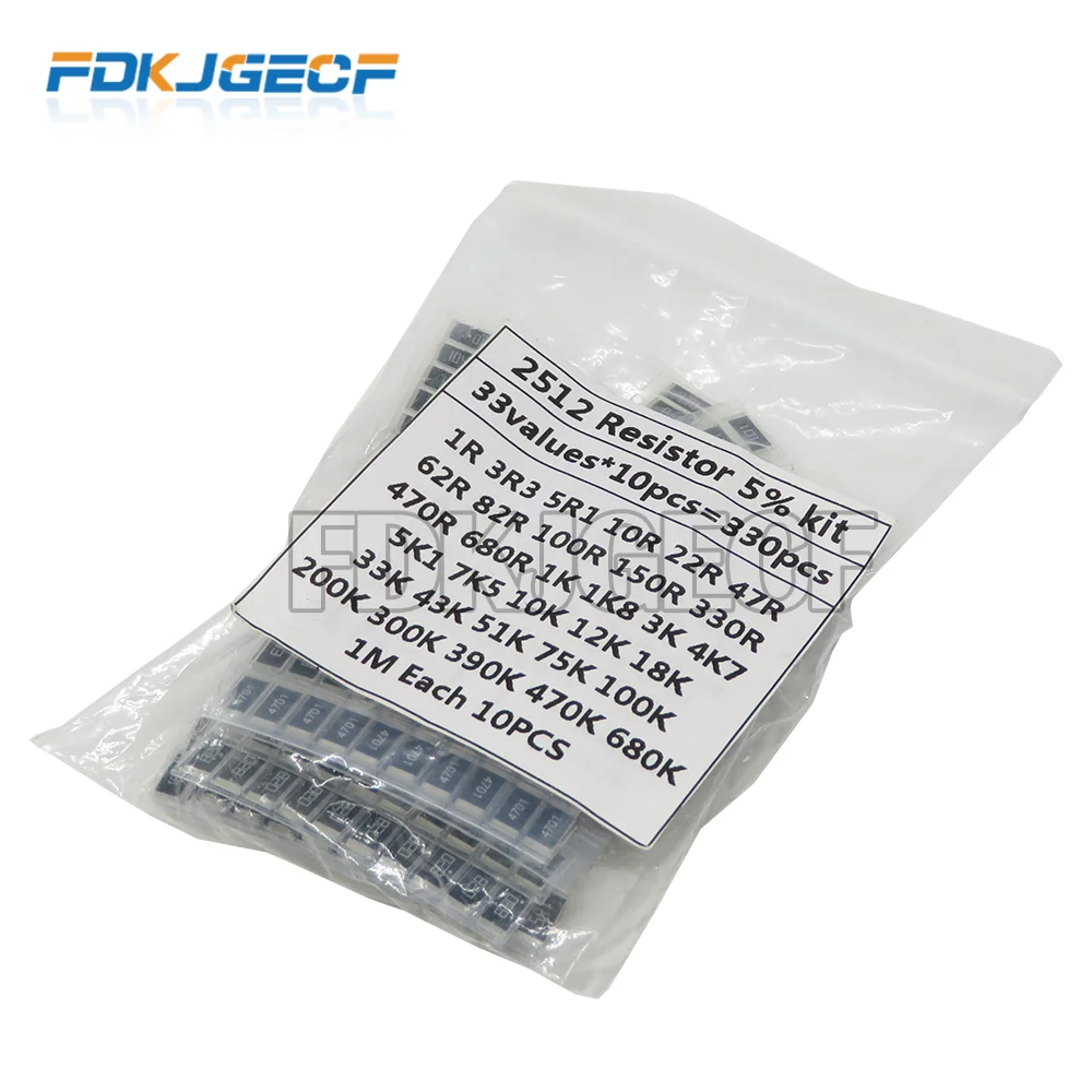 

330PCS/lot 1 ohm-1M ohm Electronic Resistors 5% 2512 SMD Resistor Assorted kit set 10R 47R 100R 10K 470K 680K smd resistor pack