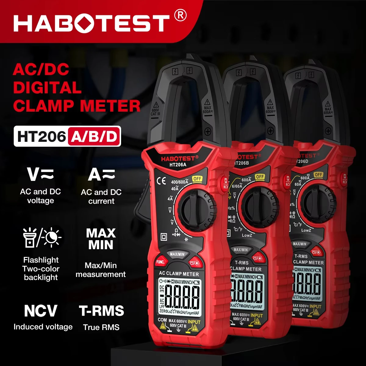 HABOTEST HT206 Clamp Meter DC/AC Current 600A Digital Clamp Meter Ammeter Voltage Tester Amp Hz Capacitance NCV Ohm Test