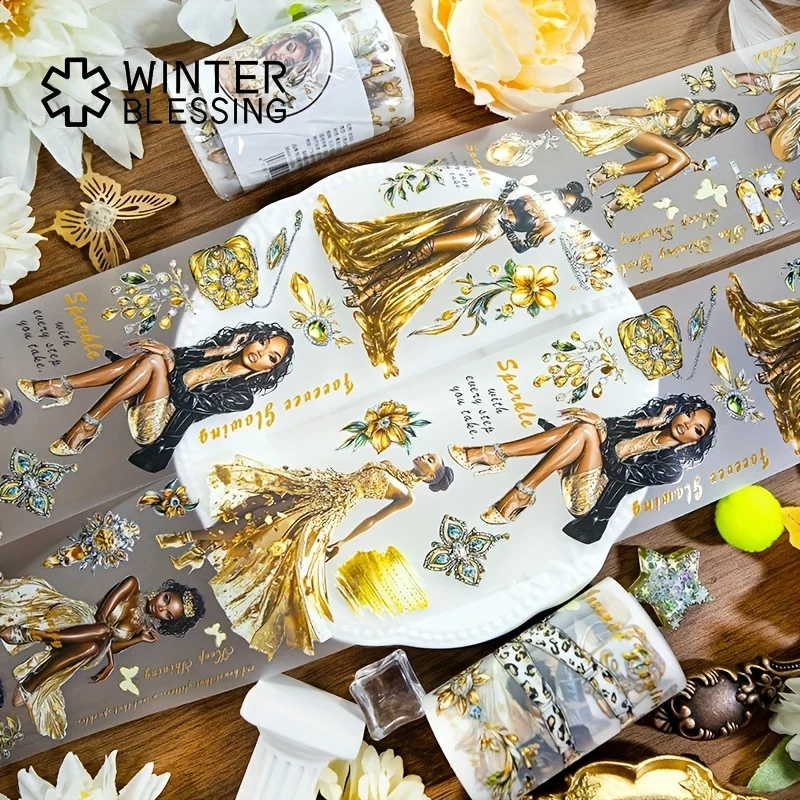 2m Laser Holographic Golden Lady PET Washi Tape Cool Lady Transparent Roll Stickers Decorative Tape For Scrapbooking Journal