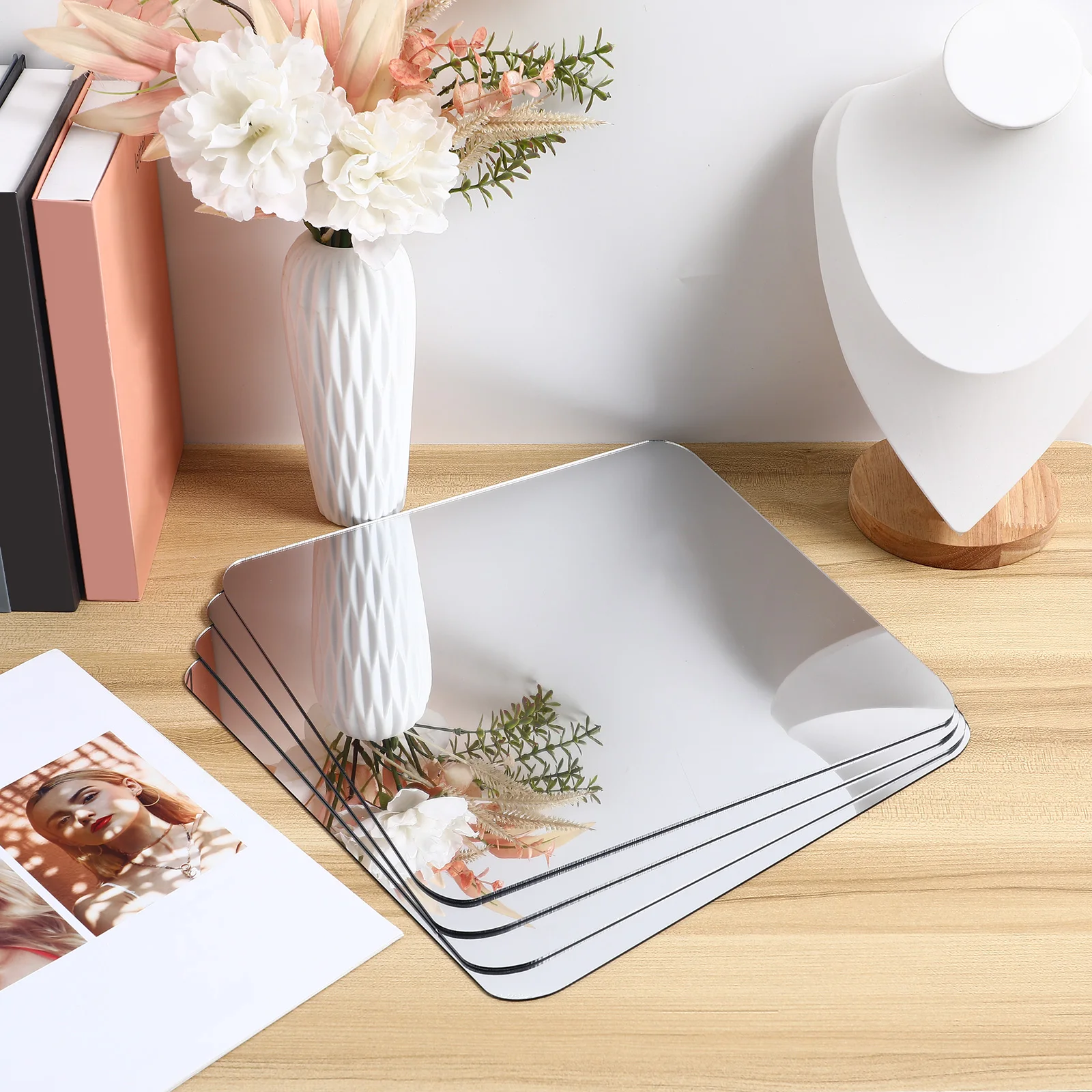 

4 Pcs Soft Mirror Stick on Tiles Flexible Wall Decor DIY Self Adhesive Mirrors Bathroom Vanity Number Travel