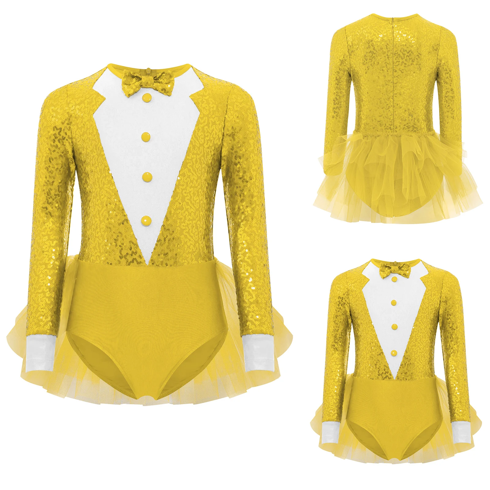 Girls Jazz Dance Bodysuit Sparkly Sequins Long Sleeve Round Neck Skirted Leotard Latin Jazz Leotard for Figure Skating Show