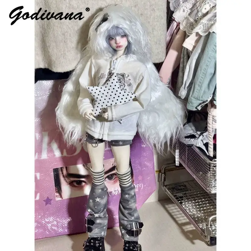 1/4 1/6 BJD Doll Clothes Thin Subculture Y2K Guitar Cat Print Zipper Jacket and Star Shorts with Socks Leg Cover Full Set