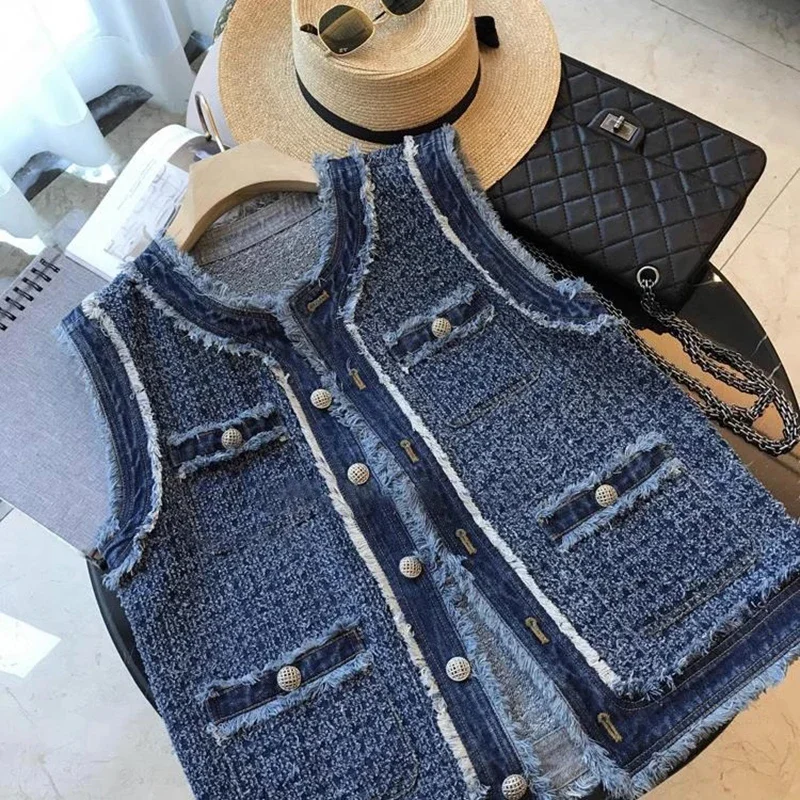 

Boreathiman 2024 New Cowboy Vest for Female Woven Undershirt Washed Blue Retro Fur Trim Sleeveless Jacket Early Autumn Coat