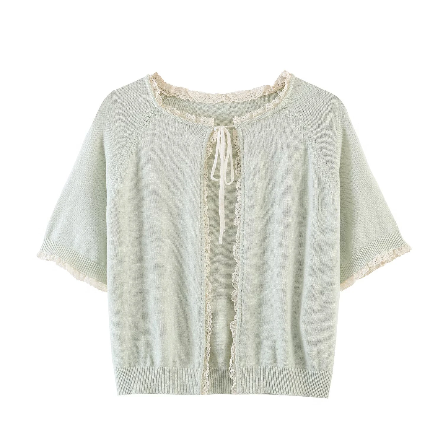 

2026 Spring/Summer New Arrival Sweet & Fashionable Short Sleeve Round-Neck Knit Cardigan with Bow Trim