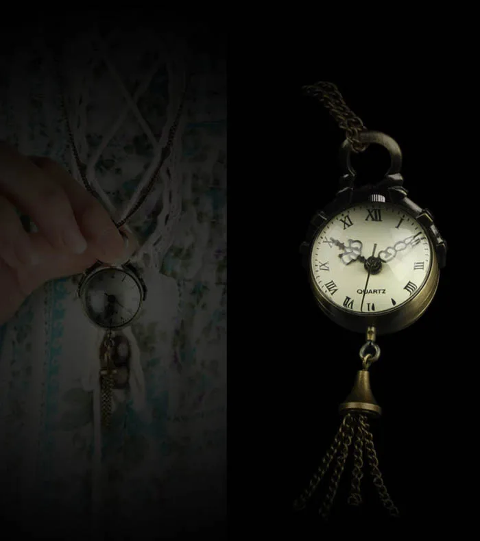 Pocket Watch Pendant Necklace Timepiece Vintage Bronze Crystal Tassel Design Roman Numeral Dial Adjustable Chain Collectible