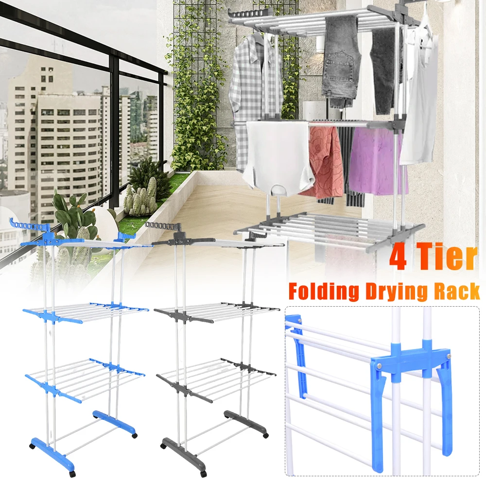 4-Tier Folding Drying Rack Clothes Drying Rack with 4 Castors Free Standing Movable Laundry Rack for Towels Clothes Shoes Linen