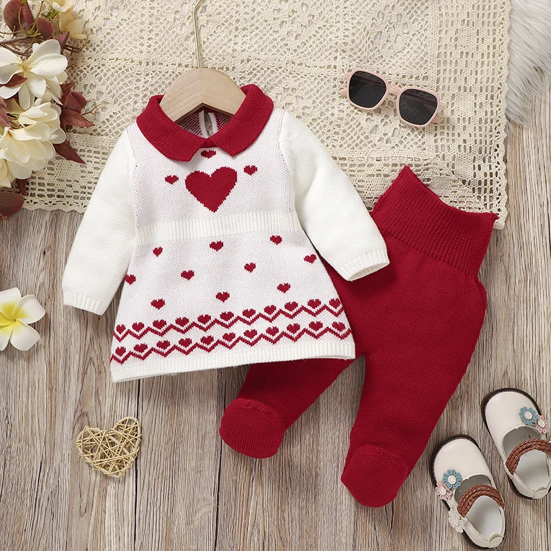 Newborn Baby Clothes Sets Knitted Infant Child Sweaters Fashion Loving +Pants Foot Wrap Girl Pullover +Trousers Warm Autumn 0-9M