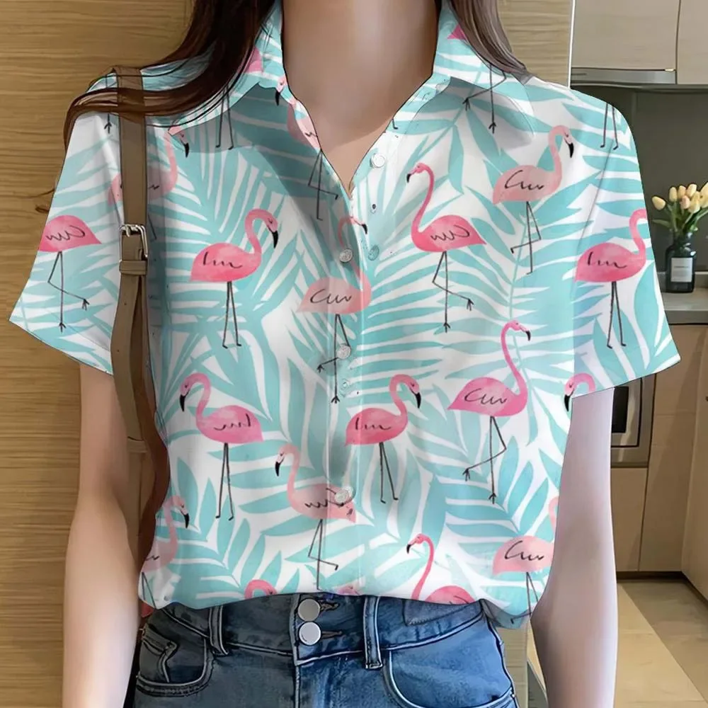 Womens Shirts Cute Cartoon Animal Flamingo 3D Printed Casual Tops Blouses Hawaiian Short Sleeve Button Beach Shirt Summer Shirts
