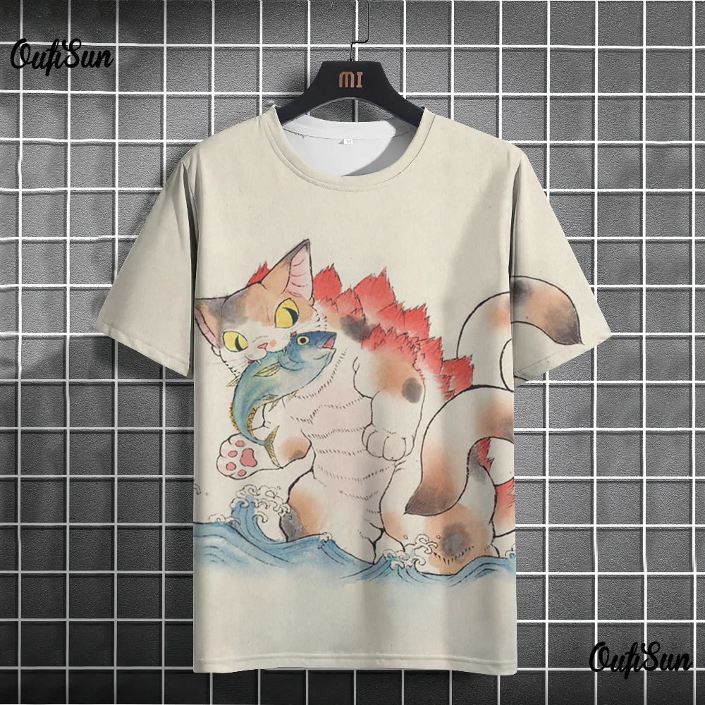 Japanese Anime Printed T-Shirt Cat Pattern Short Sleeved Tops Summer Casual Tees Japanese Ukiyo-E T-Shirt For Men's Clothing