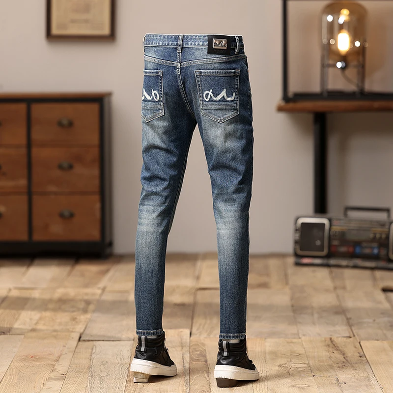 Italian designer fashionable men's jeans washed and washed blue elastic slim fit retro patchwork embroidered jeans Y2K