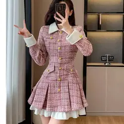 Dress Plaid Patchwork Dress Small Fragrance Tweed Single Breasted Sashes Pink Dress Party Female Korean Dress Women 2024 Spring