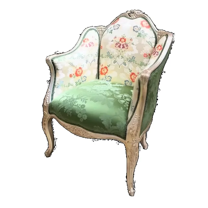 

French retro silk embroidery full solid wood carving flower leisure chair European single sofa chair