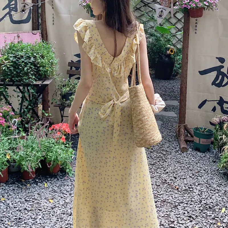 Elegant Backless Waist Long Dress Summer French Style Broken Flowers Women's Flying Sleeve Fashion Ruffles Patchwork Dresses New