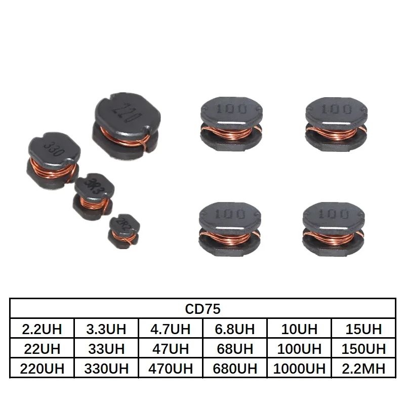 Inductor SMD CD75 de 20 piezas, Inductor de potencia, 2.2UH, 3.3UH, 4.7UH, 6.8UH, 10UH, 15UH, 22UH, 33UH, 47UH, 68UH, 100UH, 150UH, 220UH, 330UH, 470UH