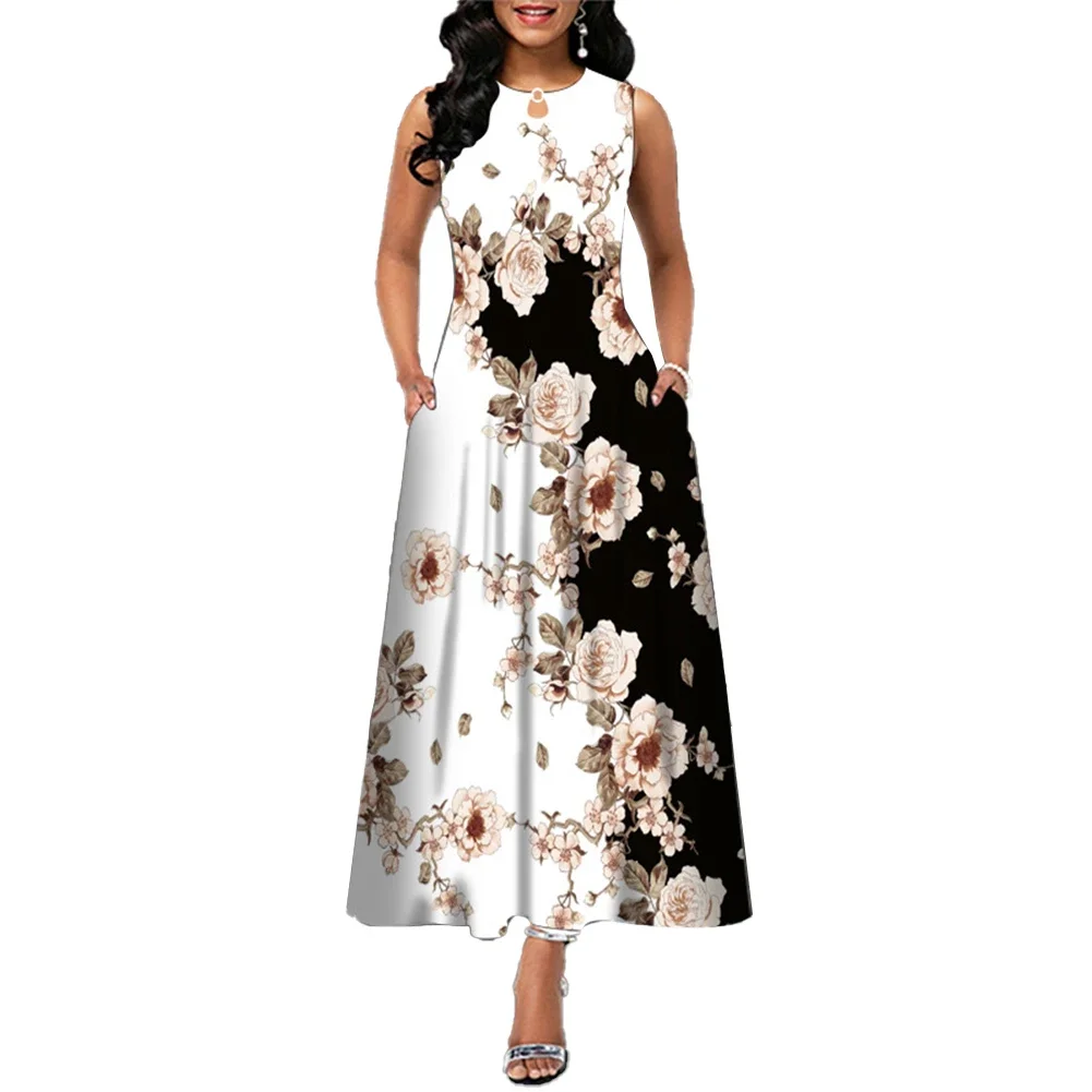 Women Beach Bohemia Dresses Ladies Elegant Sleeveless Casual Floral Print Party Maxi Dress O-Neck Fashion New