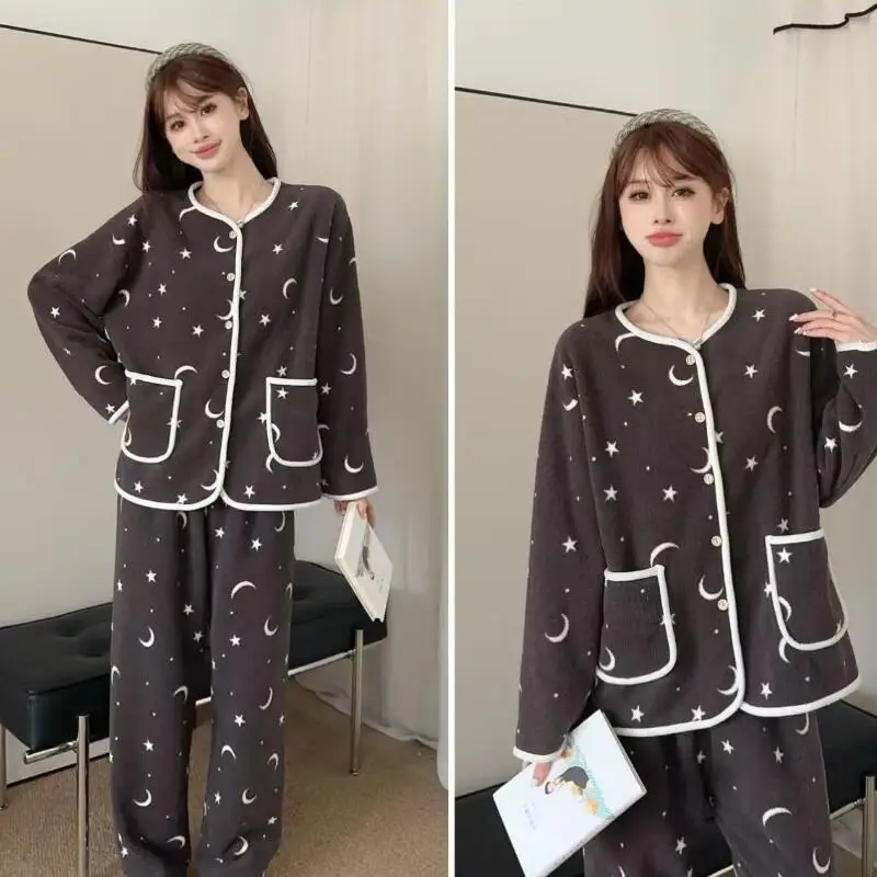

Women's Pajamas Thicken Fleece-Lined Velvet Female Autumn and Winter Leisure Cute Homewear Outerwear Loungewear Home Wear Suit
