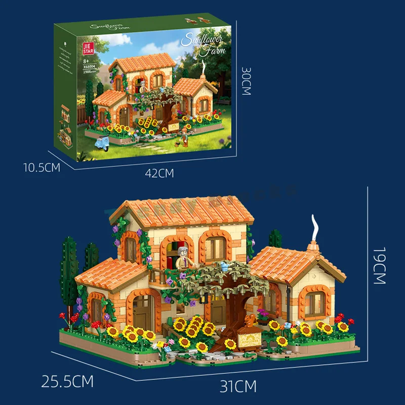 1986PCS Rustic Style Sunflower Farm Building Blocks,Flowers House Architecture Detachable Structure Ornament Toys Birthday Gifts