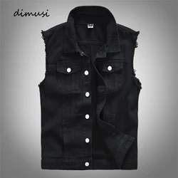DIMUSI-Chaleco vaquero de diseño Vintage para hombre, chaqueta sin mangas con agujeros rasgados, ropa masculina