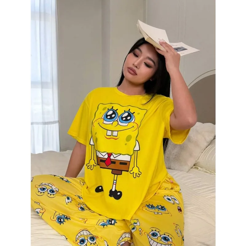 Yellow SpongeBob SquarePants Summer Short Sleeved Pants Set Cute Cartoon Loose Home Clothes Two Piece Set