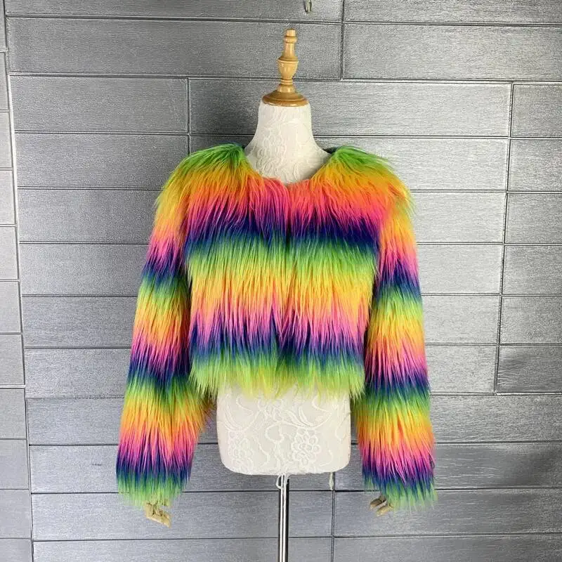 

Four-Color Rainbow Fur Long Hair Imitation Goat Wool Women's Short Coat Autumn Winter Fashion Jacket Women