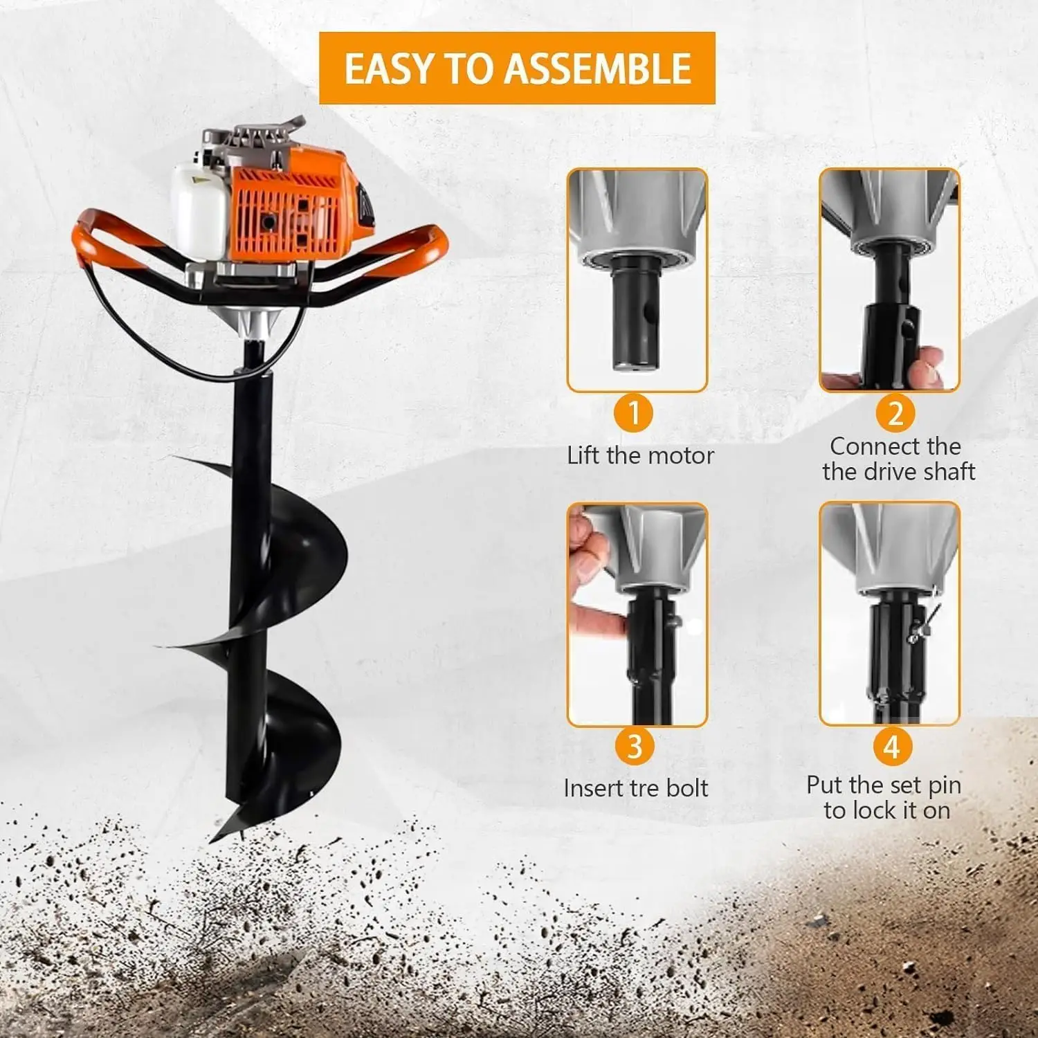 85Cc 2-Stroke Auger Post Hole Digger, Gas Powered Earth Digger With 3 Auger Drill Bits(4"" & 6"" & 8"") + 2 Extension Rods For