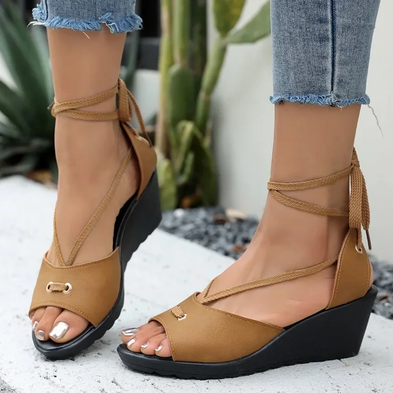 

2025 High Quality Ladies Shoes Cross Lacing Women's Sandals Fashion Peep Toe Casual Sandal Swomen Summer Plus Size Wedge Sandals