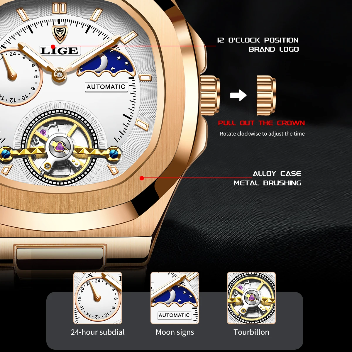 LIGE Dual Seconds Tourbillon Watch 24 Hour Mechanical Watch Men Stainless Steel Authentic Watch Night Glow Waterproof Mens Watch