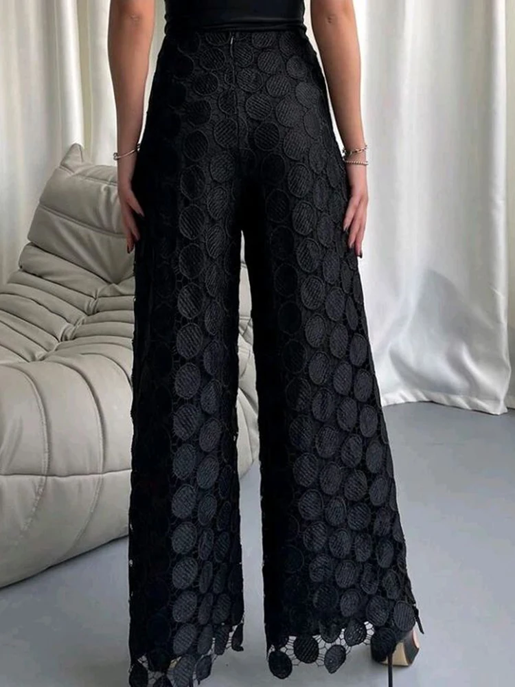 VGH Patchwork Round Tassel Hollow Out Loose Trousers For Women High Waist Solid Fashion Embroidery Wide Leg Pants Female Style