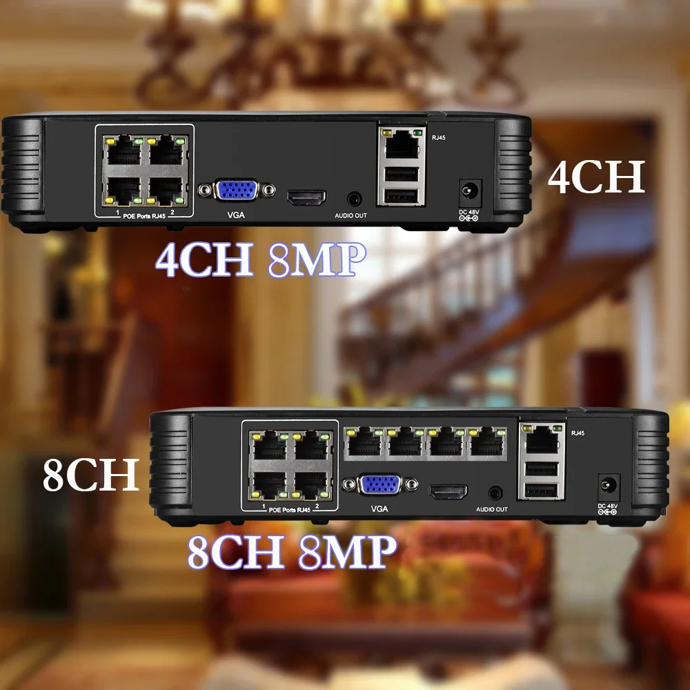 H.265 4CH 8CH 4K 8MP 5MP 1080P POE NVR الصوت خارج للأمن كاميرا مراقبة شبكة مسجل فيديو كشف الوجه Xmeye
