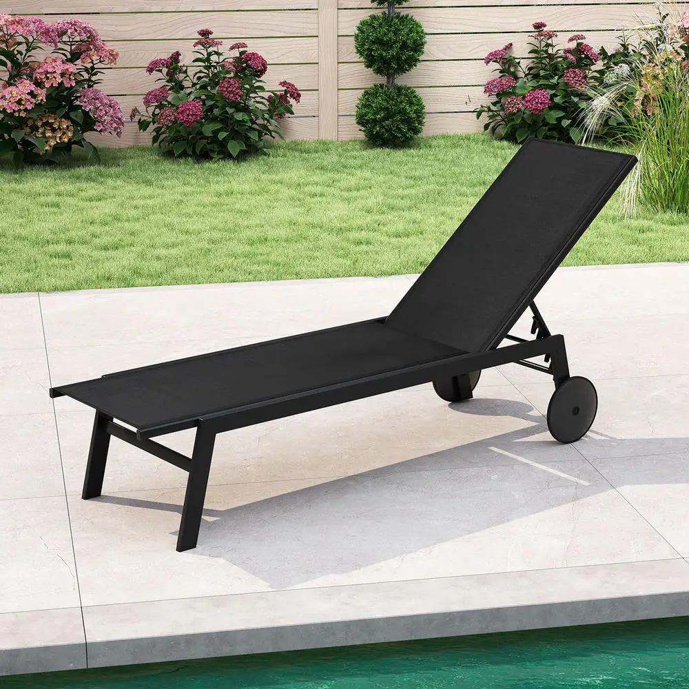 Outdoor Lounge Chair With Wheels, 6-Position Adjustable Backrest, Patio Poolside Sunbed For Adult Relaxation, Durable Frame, Black