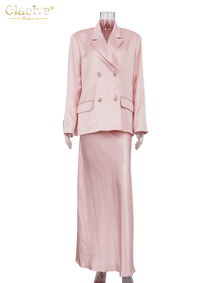 Clacive Fashion Luźny różowy satynowy damski dwuczęściowy zestaw 2025 Elegancka marynarka z długim rękawem i spódnicą maxi z wysokim stanem dla kobiet — zdjęcie 6