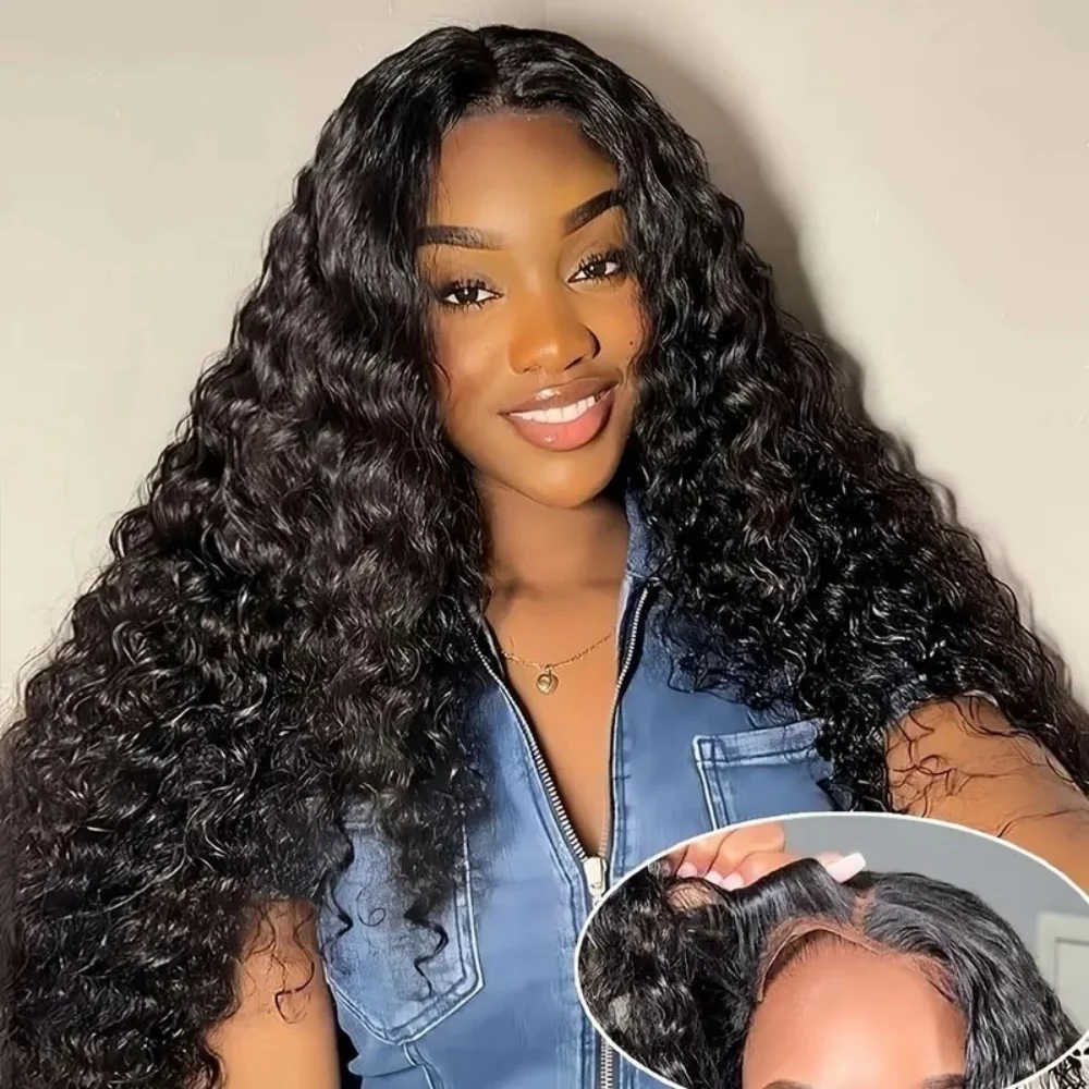

5x5 Deep Wave Lace Front Wigs Human Hair Glueless Transparent 220Density Pre Plcked Natural Color Frontal Wig Put On And Go 1B