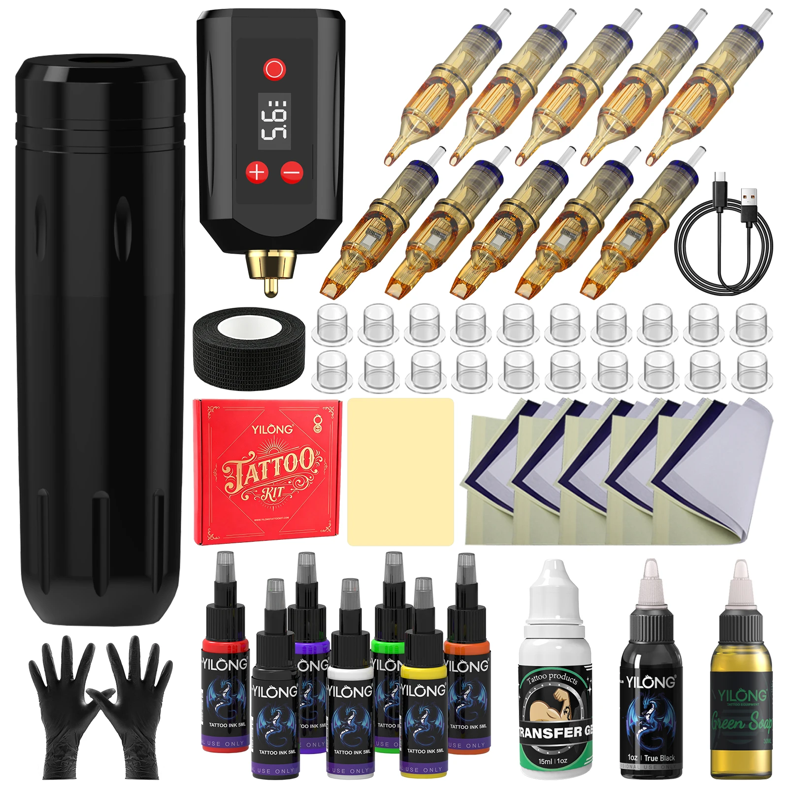 YILONG New 1600mAh Wireless Tattoo Pen Kit with 20 Cartridge Needles 7 Inks LCD Display Tattoo Machine Set Artist Supplies