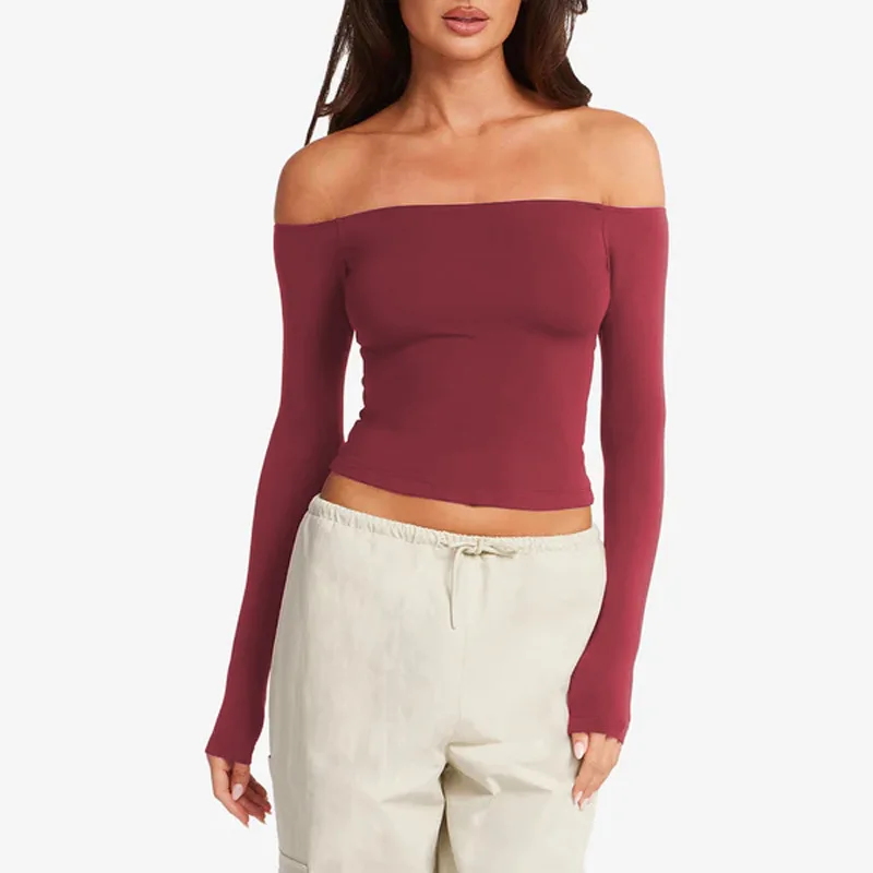 Women Off Shoulder Long Sleeve Yoga Top Slim Fit Cropped Workout Shirt Stretchy Base Layer Top Pilates Fitness Training Wear