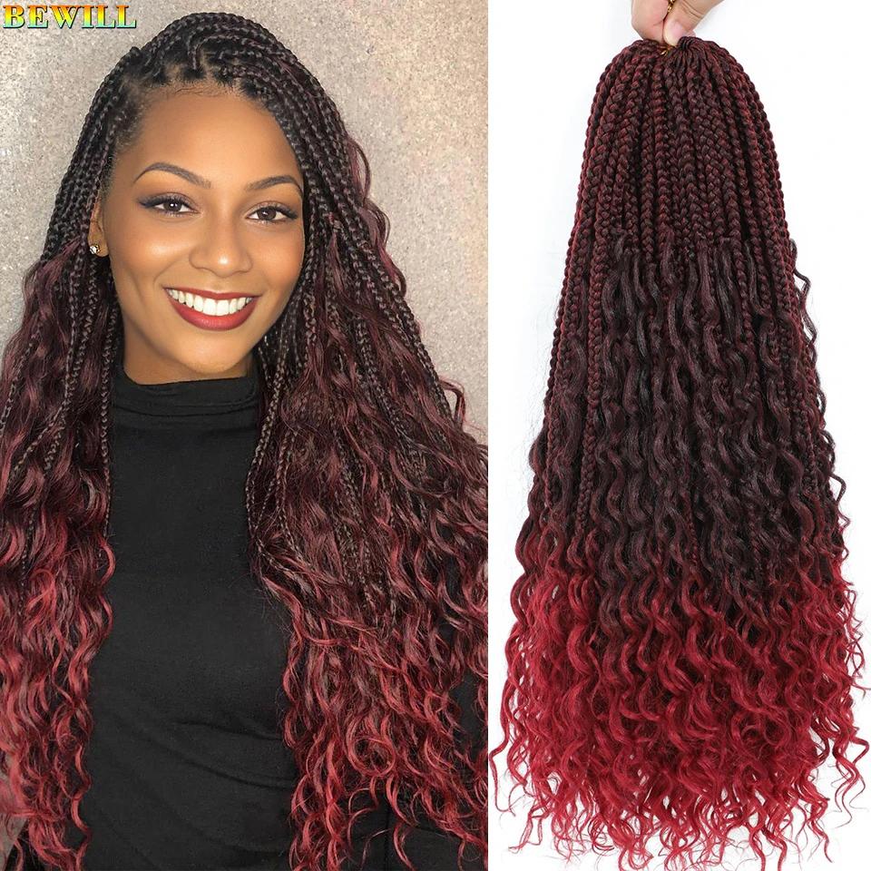 Extensiones de cabello de trenzas en caja (Box Braids) bohème diosa de 24 pulgadas de longitud, con puntas rizadas, hechas de fibra sintética. Colores 1B, 4, 30 y 27. Trencas de crochet ideales para mujeres negras
