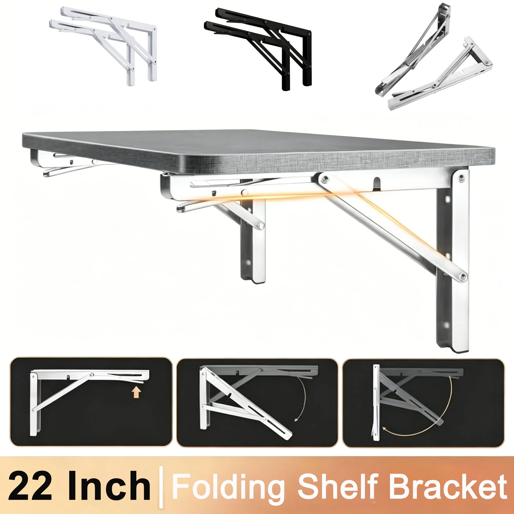 

22" Folding Shelf Brackets Adjustable DIY Wall Mounted Shelf Bracket Space Saving for Table Work Bench Black White Stainless
