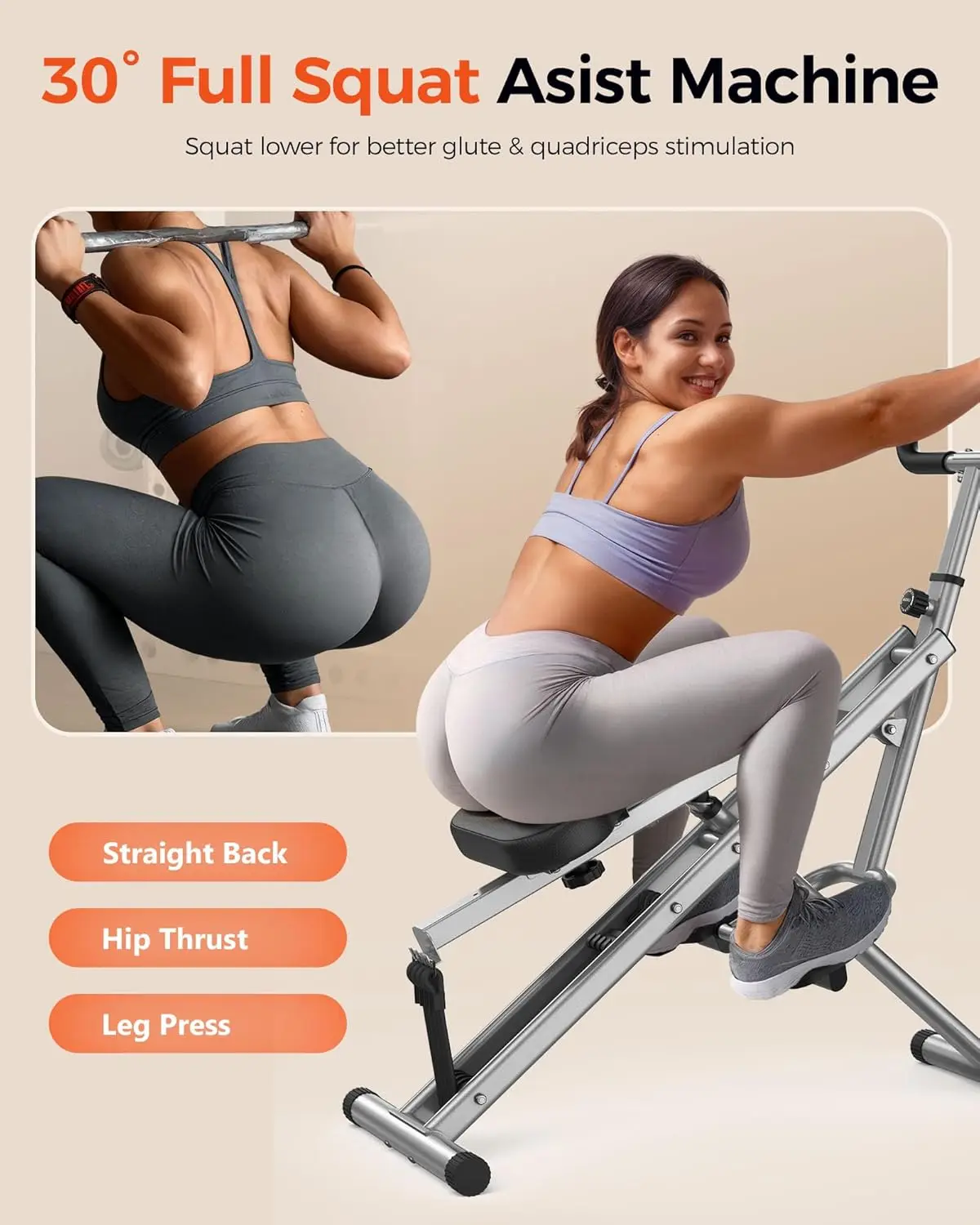 Squat Machine, Squat Assist Rower for Glutes and Thighs, Foldable Exercise Equipment w/ Four Adjustable Resistance for Home