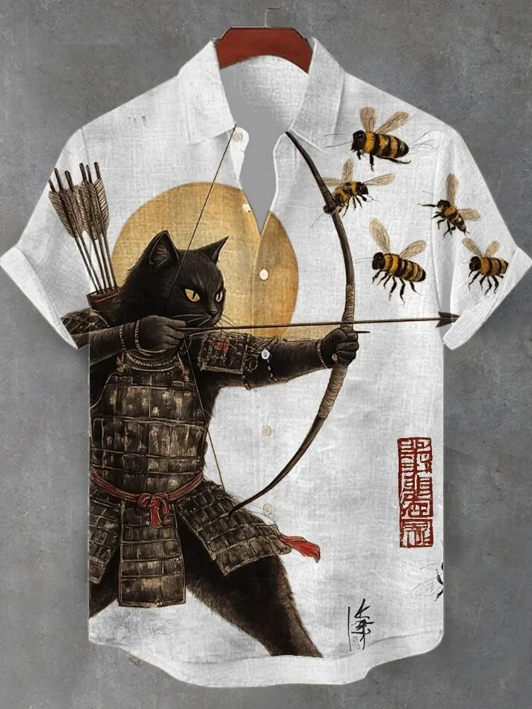 

Japanese Kyudo Print Shirts Hawaiian Beach Men's Clothing 2025 Summer Holiday Black Cat Tribal Warrior Lapel Collar Retro Tops