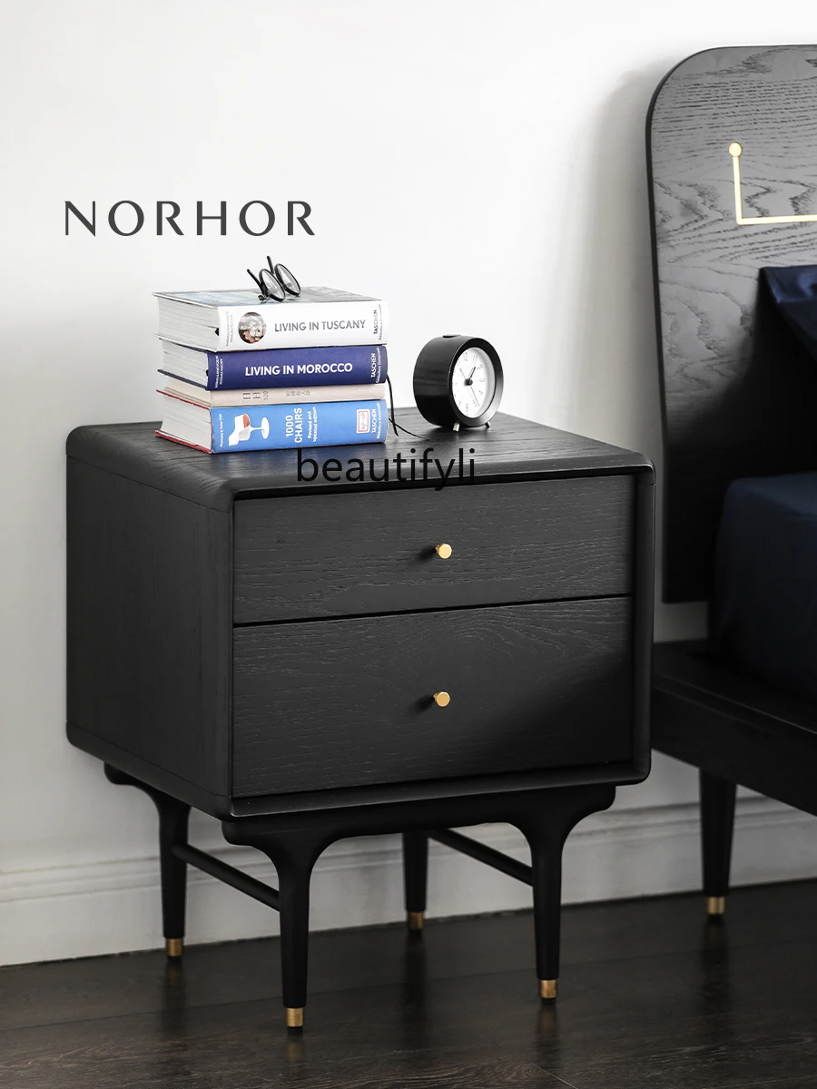 

Modern Minimalist Black Nordic Retro Style Oak Solid Wood Double-Drawer Bedside Table Black